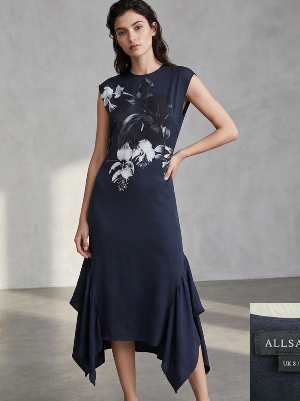 All Saints Black Floral Handkerchief-Hem Dress Size 4